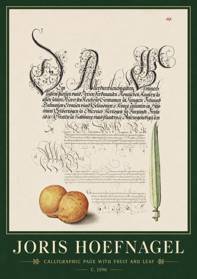 Joris Hoefnagel Calligraphic Page with Fruit and Leaf No3 - Affiche