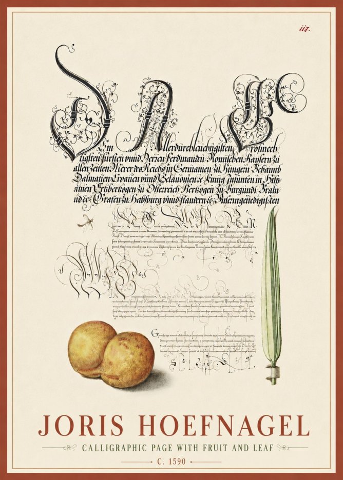 Joris Hoefnagel Calligraphic Page with Fruit and Leaf No6 - Affiche