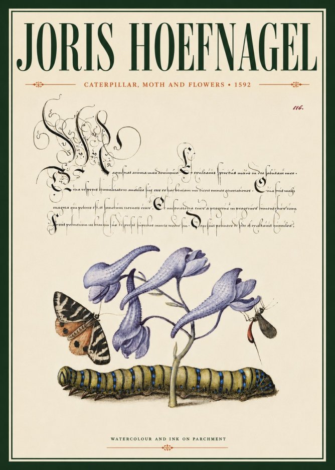 Joris Hoefnagel Caterpillar, Moth and Flowers No4 - Affiche