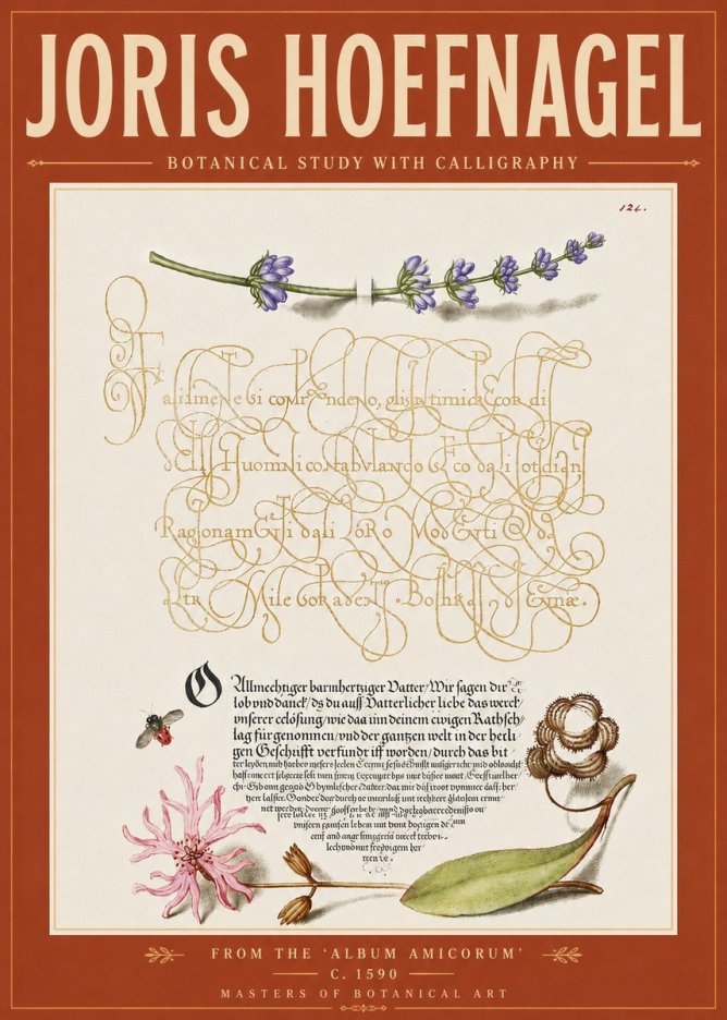 Joris Hoefnagel Botanical Study with Calligraphy IV No6 - Affiche