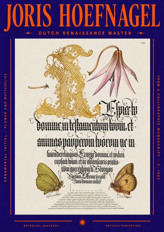 Joris Hoefnagel Ornamental Capital with Flower and Butterflies No6 - Affiche