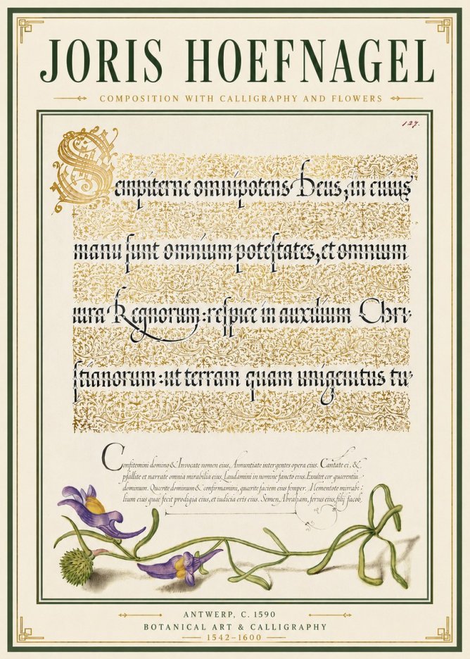 Joris Hoefnagel Composition with Calligraphy and Flowers No6 - Affiche