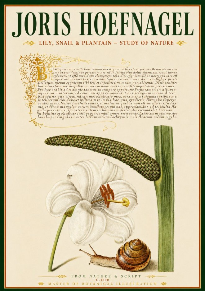 Joris Hoefnagel Lily, Snail & Plantain - Study of Nature No6 - Affiche