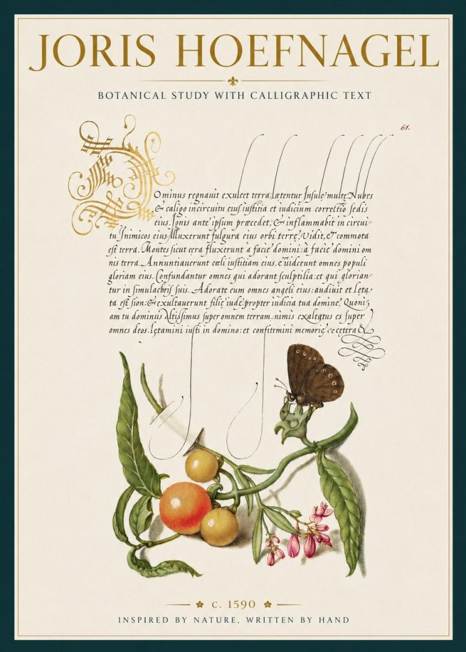Joris Hoefnagel Botanical Study with Calligraphic Text No3 - Affiche