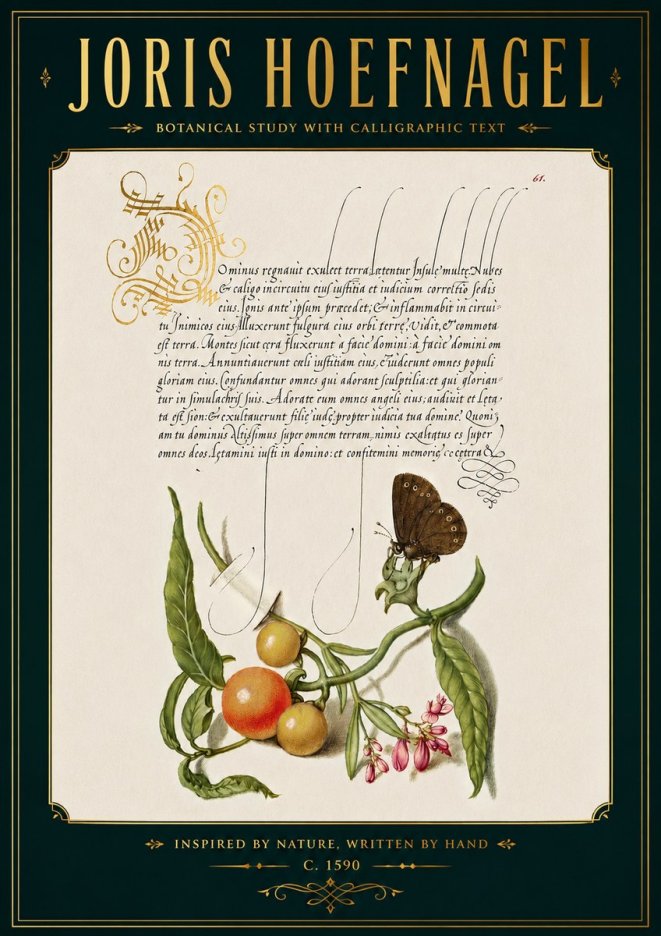 Joris Hoefnagel Botanical Study with Calligraphic Text No5 - Affiche