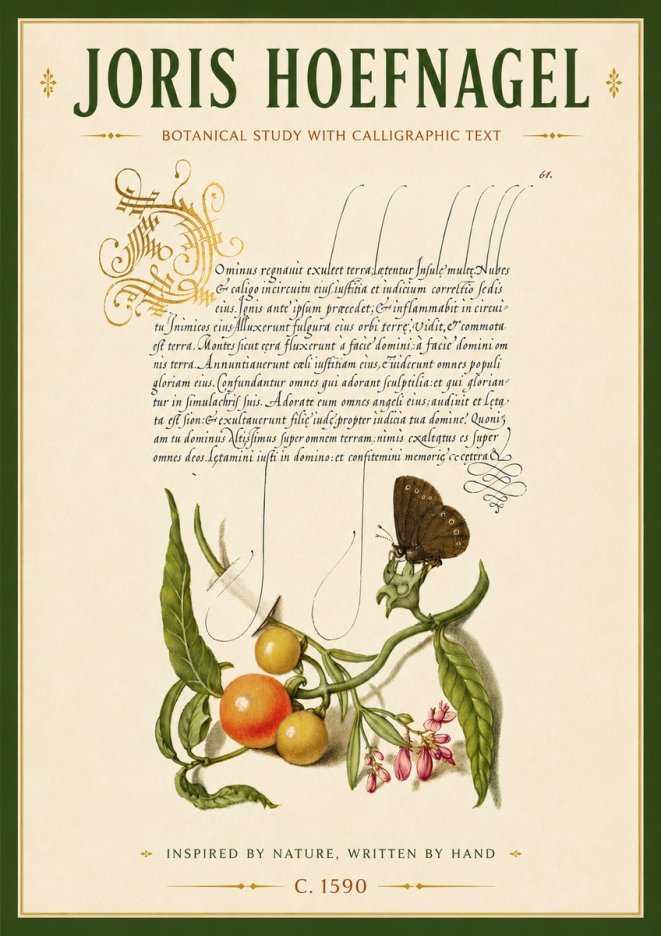Joris Hoefnagel Botanical Study with Calligraphic Text No6 - Affiche