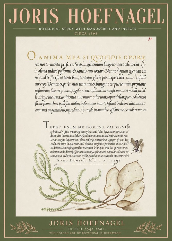 Joris Hoefnagel Botanical Study with Manuscript and Insects No3 - Affiche