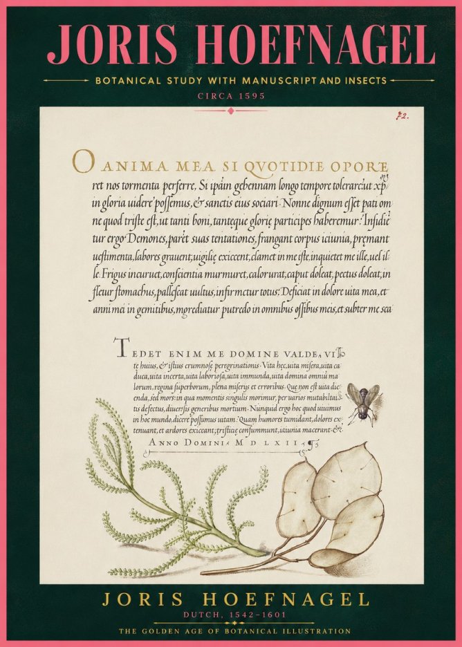 Joris Hoefnagel Botanical Study with Manuscript and Insects No4 - Affiche