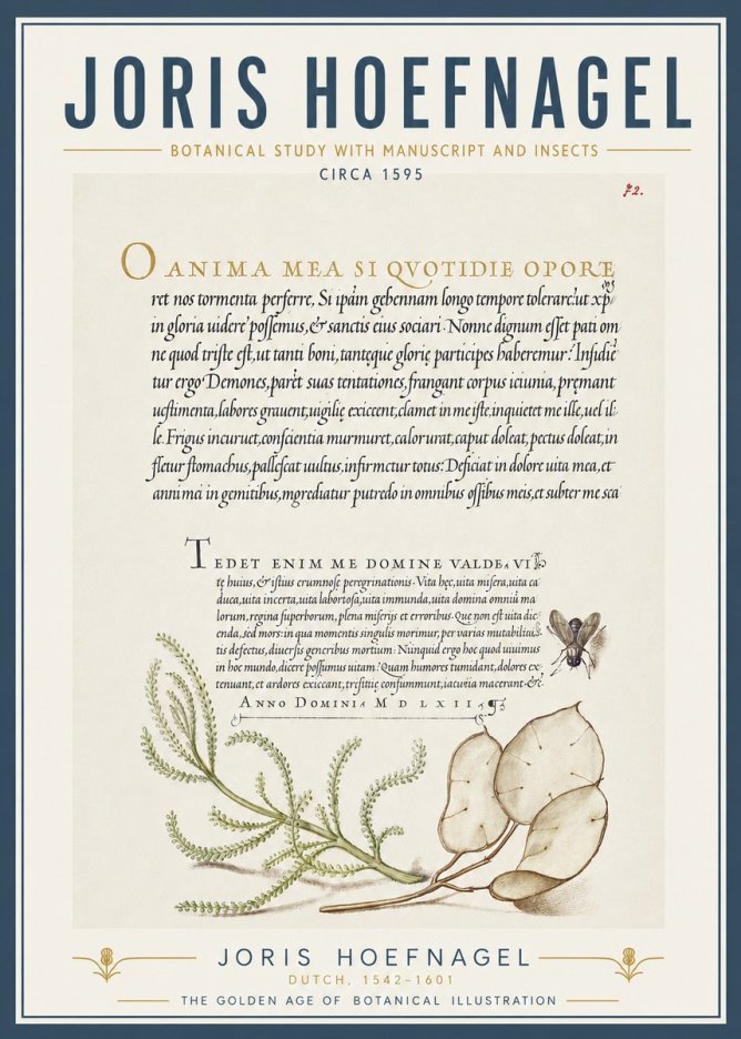 Joris Hoefnagel Botanical Study with Manuscript and Insects No5 - Affiche