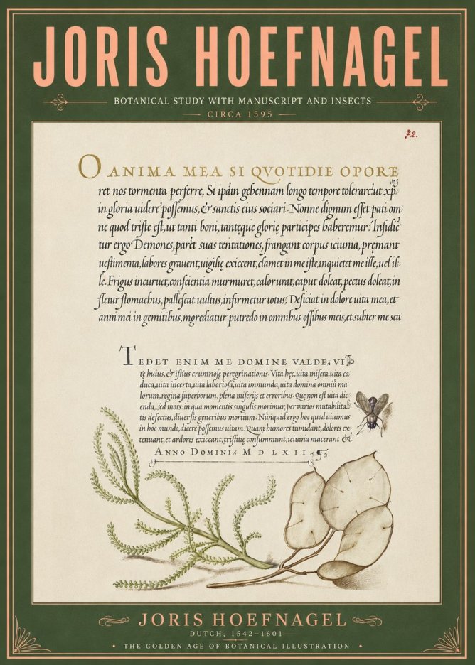 Joris Hoefnagel Botanical Study with Manuscript and Insects No6 - Affiche