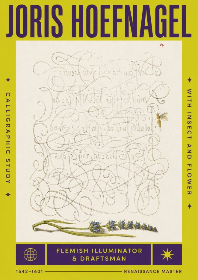 Joris Hoefnagel Calligraphic Study with Insect and Flower No4 - Affiche