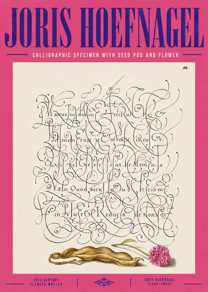 Joris Hoefnagel Calligraphic Specimen with Seed Pod and Flower No4 - Affiche