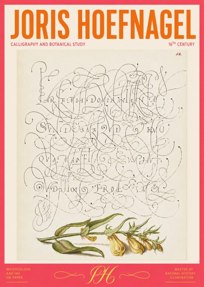 Joris Hoefnagel Calligraphic Practice with Botanical Study No2 - Affiche