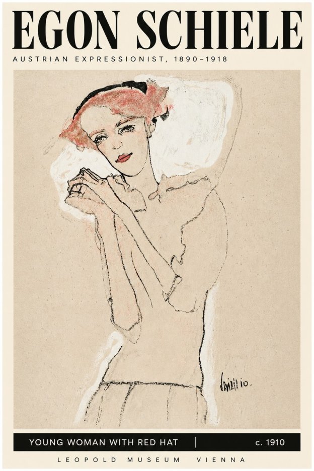 Schiele Young Woman with Red Hat No3 - Affiche