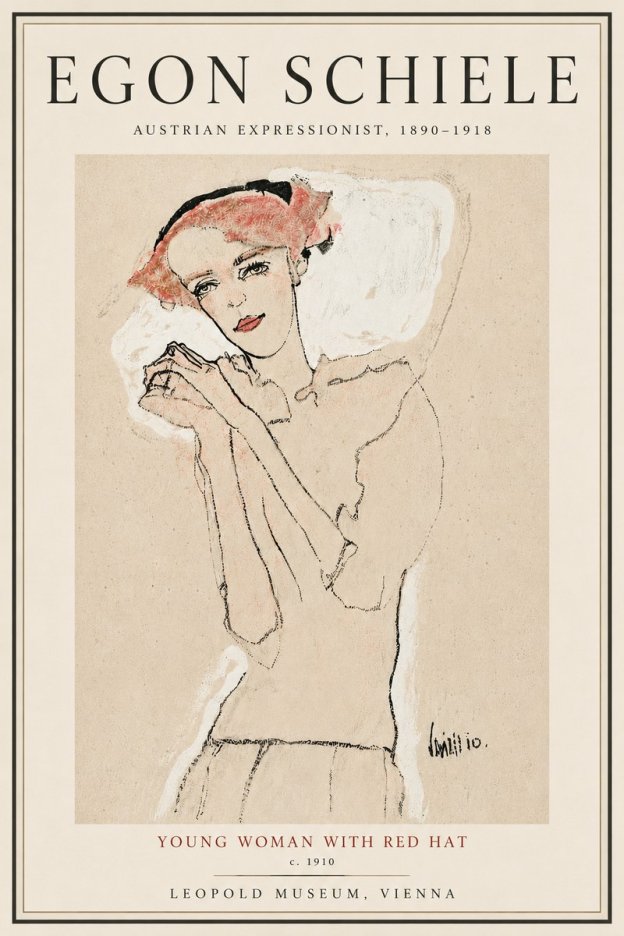 Schiele Young Woman with Red Hat No5 - Affiche
