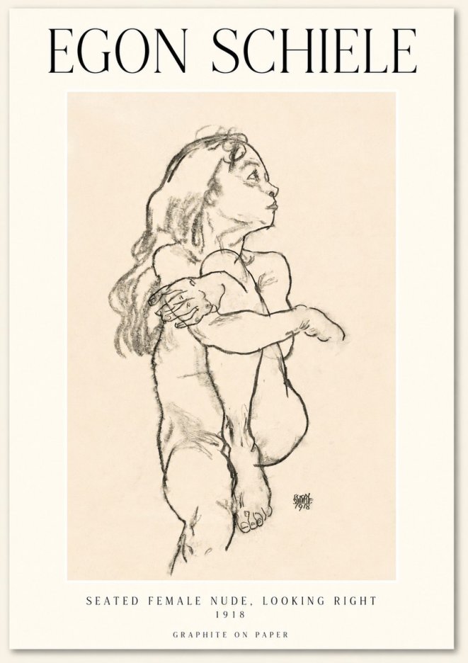 Schiele Seated Female Nude, Looking Right No1 - Affiche