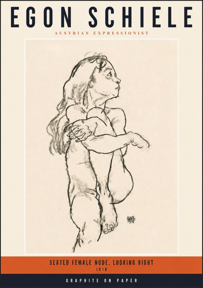 Schiele Seated Female Nude, Looking Right No2 - Affiche