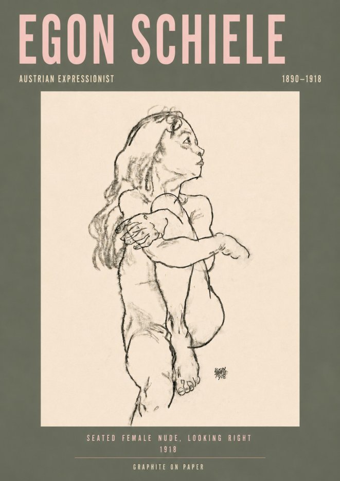 Schiele Seated Female Nude, Looking Right No4 - Affiche