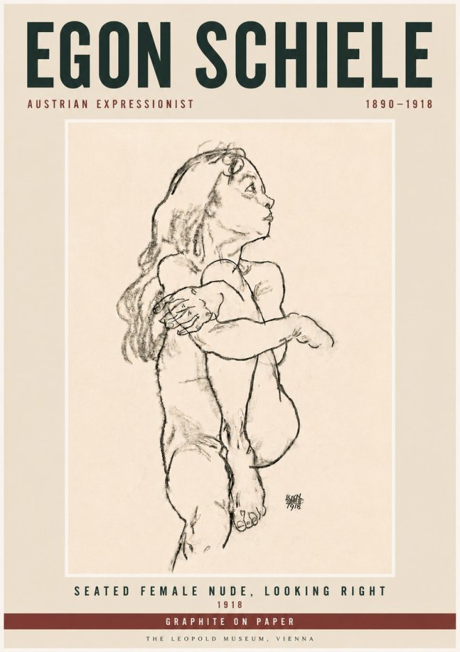 Schiele Seated Female Nude, Looking Right No6 - Affiche