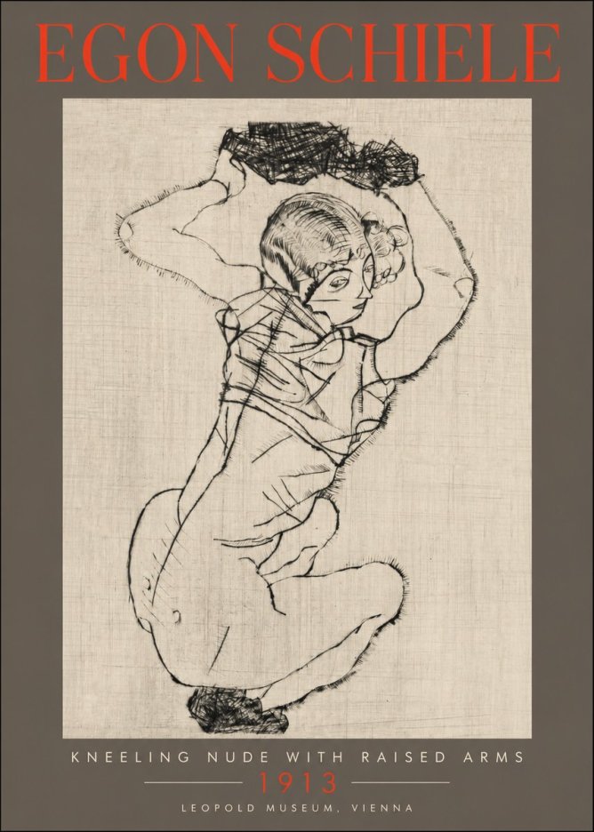 Schiele Kneeling Nude with Raised Arms No2 - Affiche