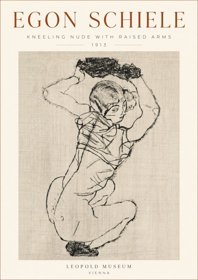 Schiele Kneeling Nude with Raised Arms No3 - Affiche