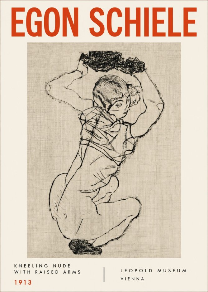 Schiele Kneeling Nude with Raised Arms No4 - Affiche