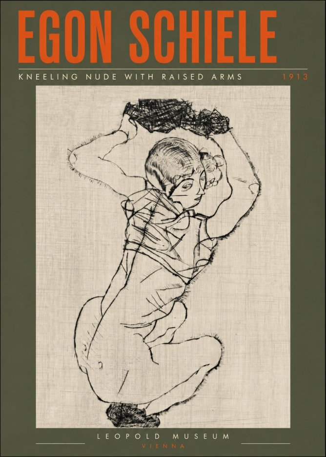 Schiele Kneeling Nude with Raised Arms No6 - Affiche