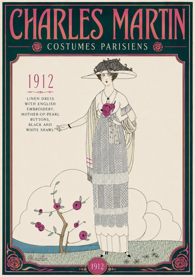 Charles Martin Linen Dress with English Embroidery, Mother-of-pearl Buttons, Black and White Shawl No4 - Affiche