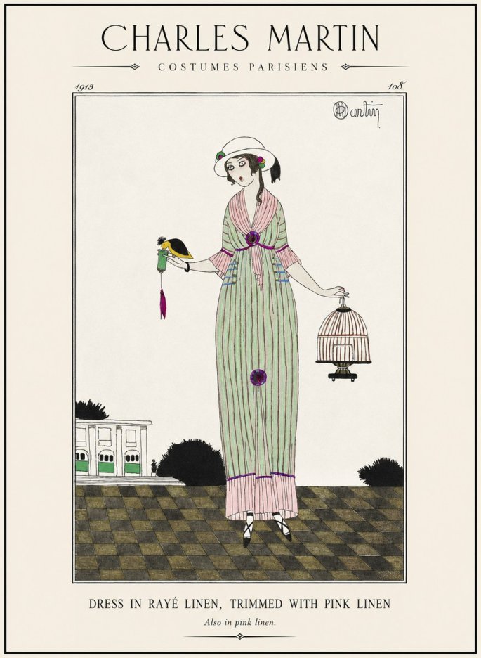 Charles Martin Dress in Rayé Linen, Trimmed with Pink Linen No1 - Affiche