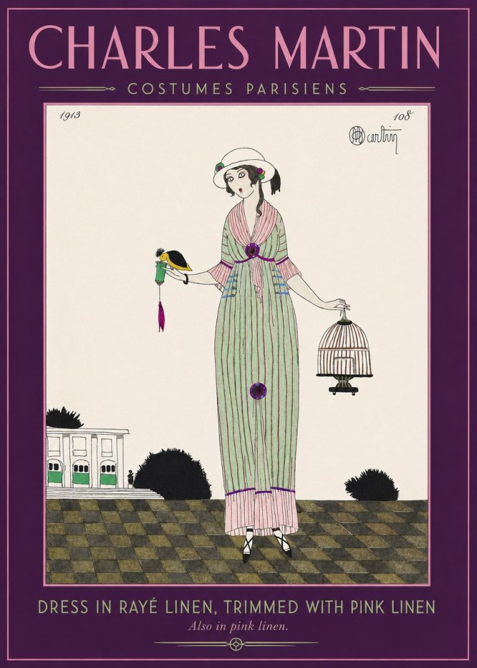 Charles Martin Dress in Rayé Linen, Trimmed with Pink Linen No2 - Affiche