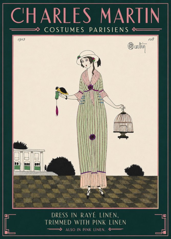 Charles Martin Dress in Rayé Linen, Trimmed with Pink Linen No4 - Affiche