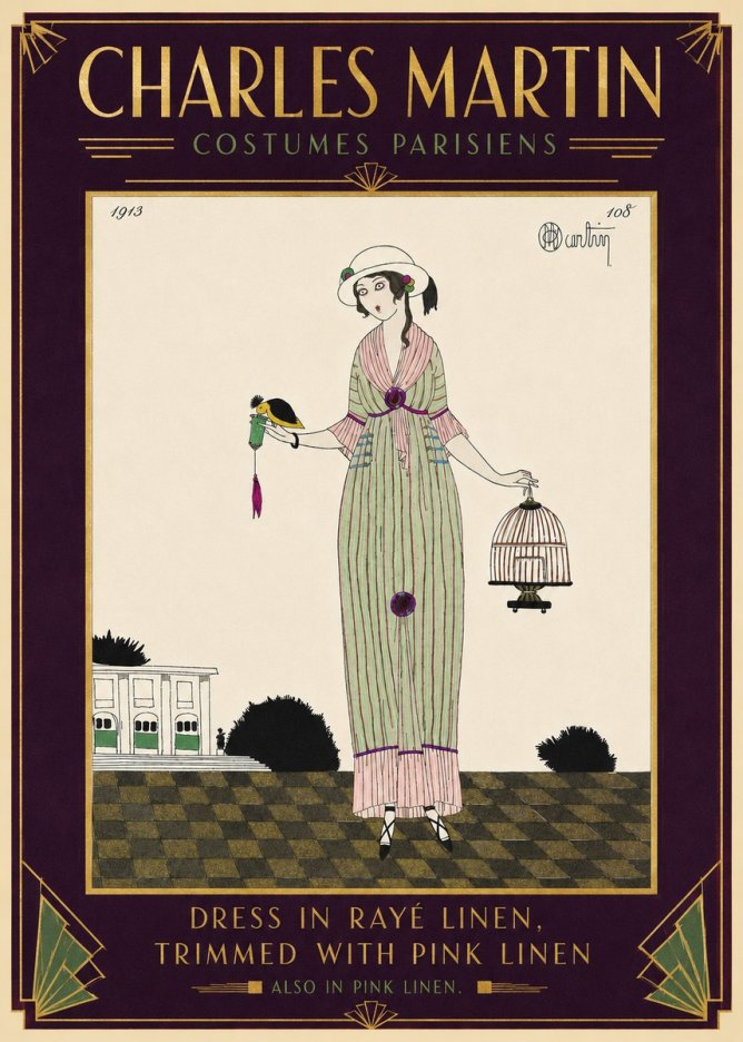 Charles Martin Dress in Rayé Linen, Trimmed with Pink Linen No5 - Affiche