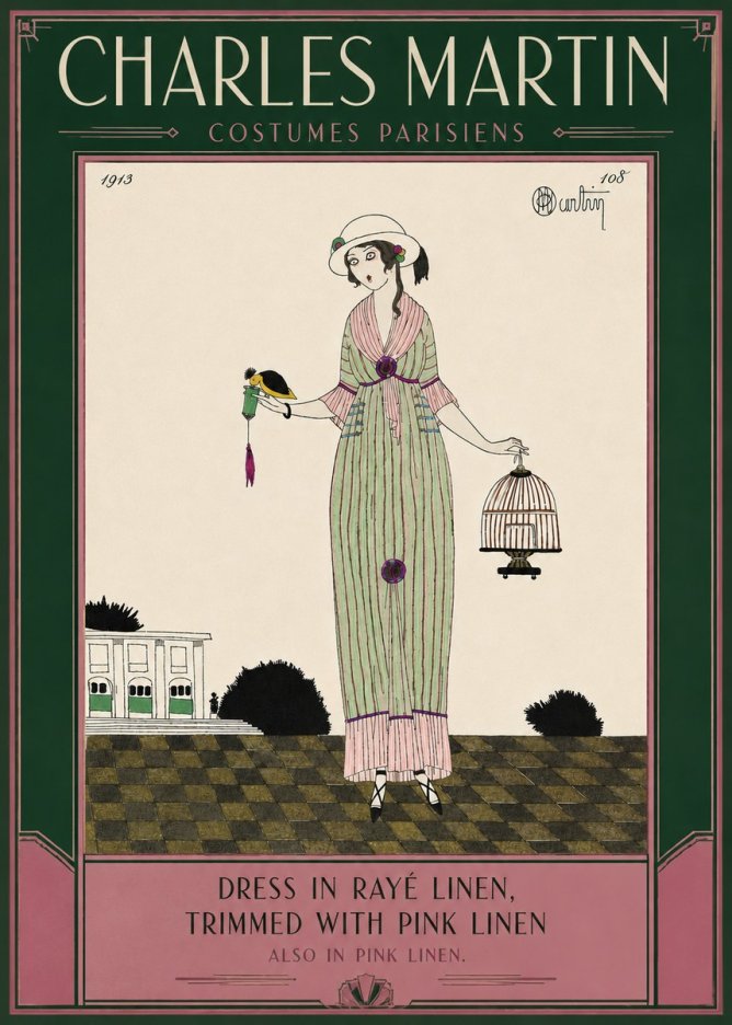 Charles Martin Dress in Rayé Linen, Trimmed with Pink Linen No6 - Affiche