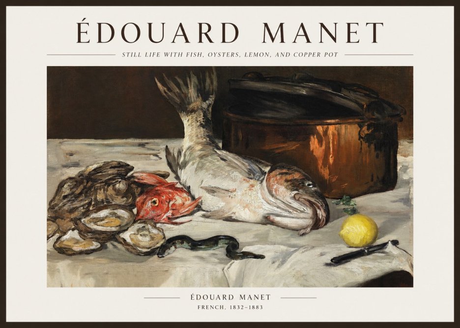 Édouard Manet Still Life with Fish, Oysters, Lemon, and Copper Pot No1 - Affiche