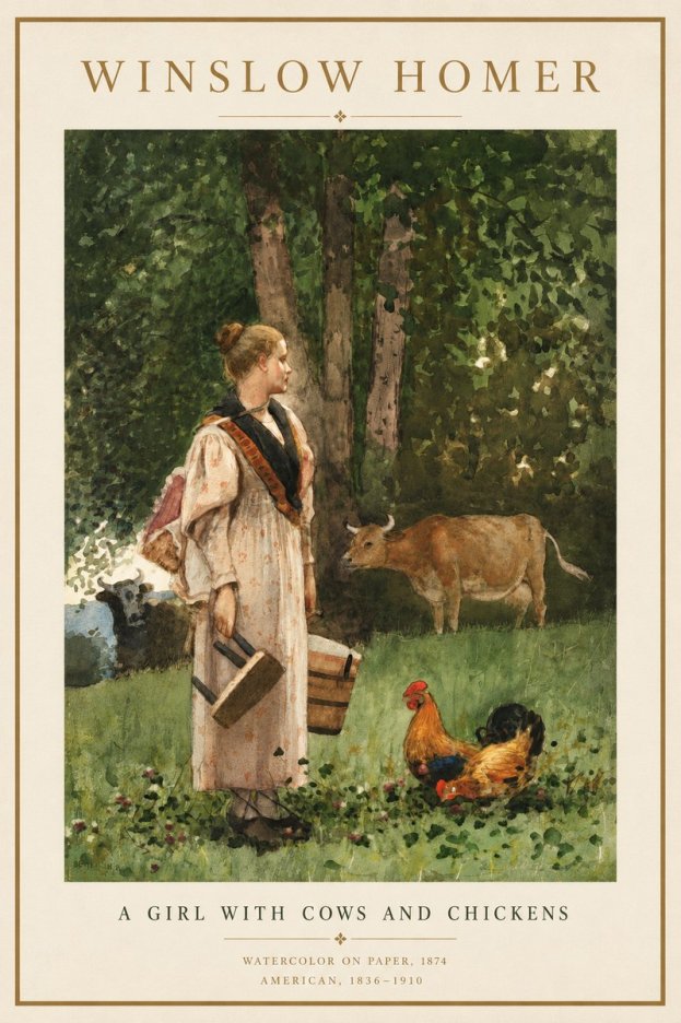 Winslow Homer A Girl with Cows and Chickens No4 - Affiche
