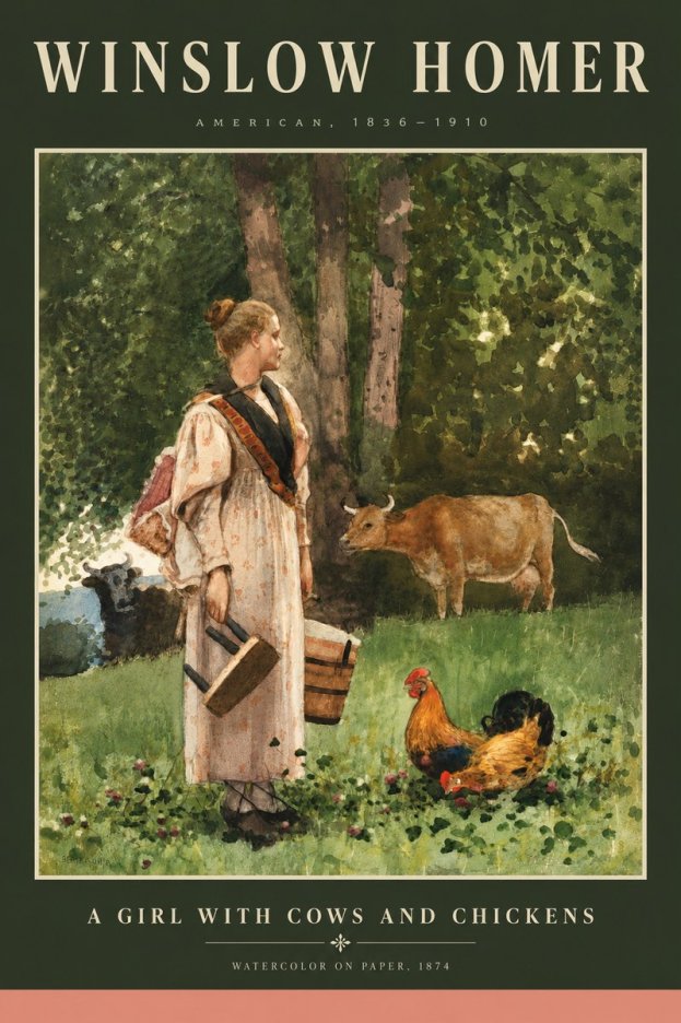 Winslow Homer A Girl with Cows and Chickens No5 - Affiche