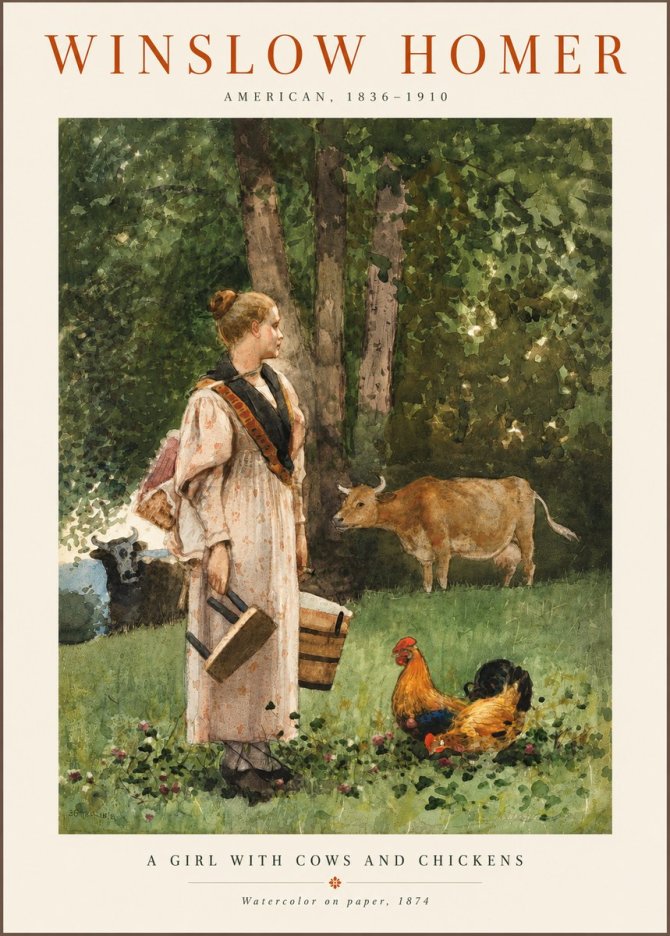 Winslow Homer A Girl with Cows and Chickens No6 - Affiche
