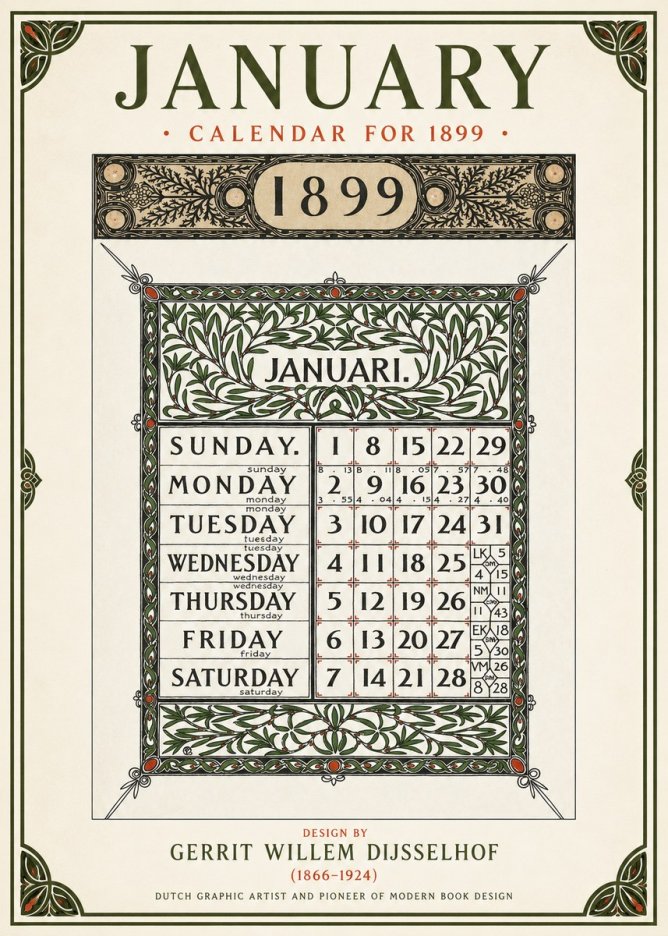 Gerrit Willem Dijsselhof January. Calendar for 1899. No1 - Affiche