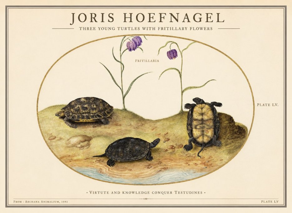 Joris Hoefnagel Three Young Turtles with Fritillary Flowers No1 - Affiche