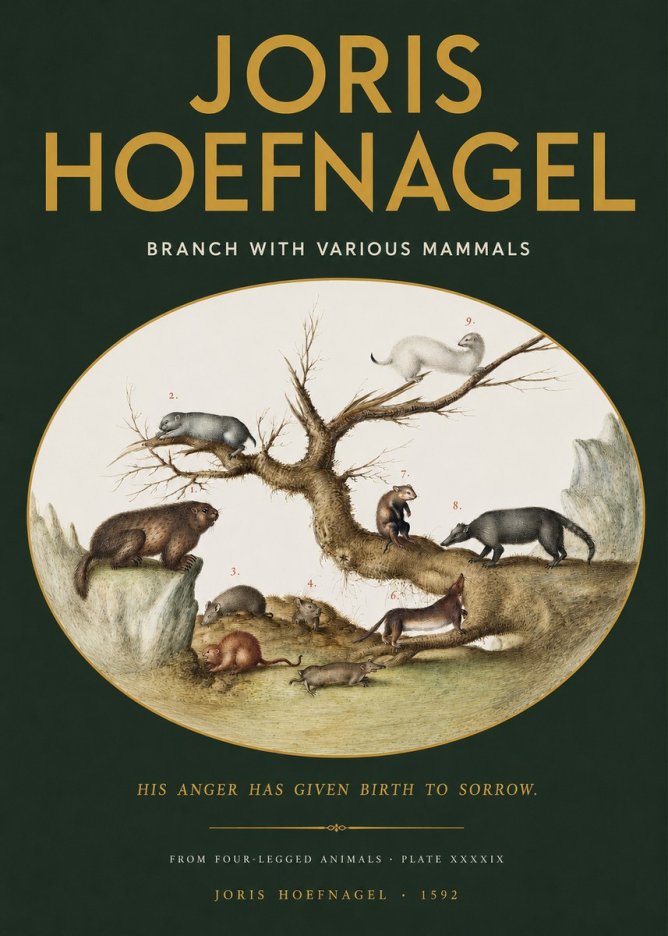 Joris Hoefnagel Branch with Various Mammals No2 - Affiche