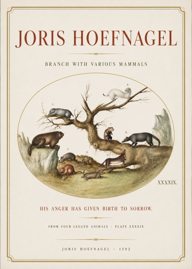 Joris Hoefnagel Branch with Various Mammals No3 - Affiche