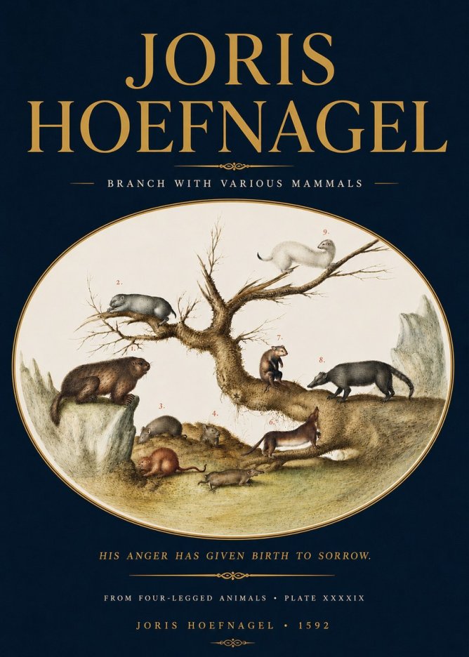 Joris Hoefnagel Branch with Various Mammals No4 - Affiche