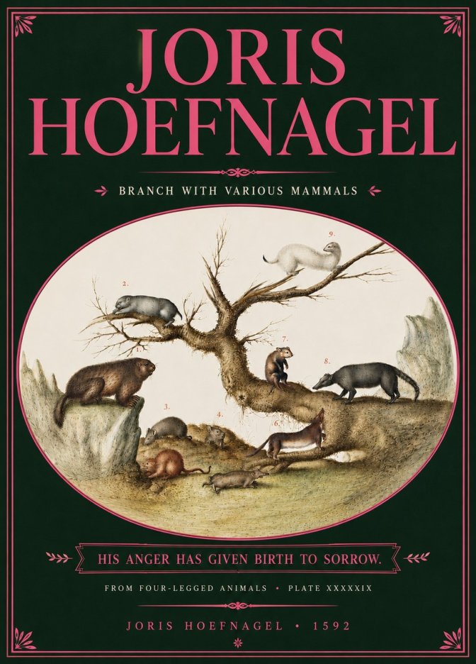 Joris Hoefnagel Branch with Various Mammals No6 - Affiche