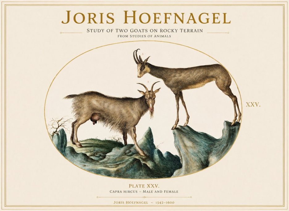 Joris Hoefnagel Study of Two Goats on Rocky Terrain No1 - Affiche