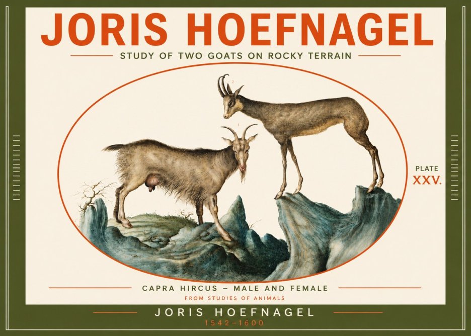 Joris Hoefnagel Study of Two Goats on Rocky Terrain No4 - Affiche