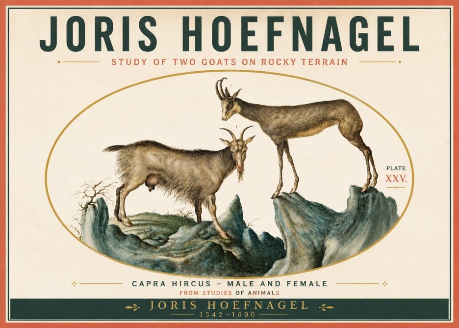 Joris Hoefnagel Study of Two Goats on Rocky Terrain No6 - Affiche