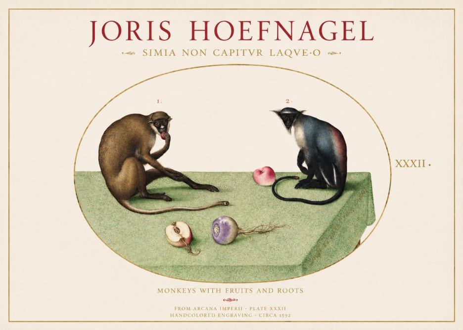 Joris Hoefnagel Monkeys with Fruits and Roots No1 - Affiche