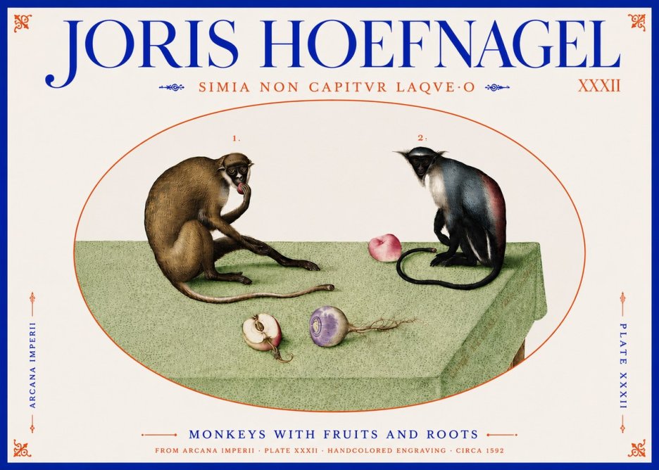 Joris Hoefnagel Monkeys with Fruits and Roots No4 - Affiche