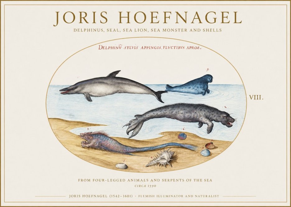 Joris Hoefnagel Delphinus, Seal, Sea Lion, Sea Monster and Shells No1 - Affiche