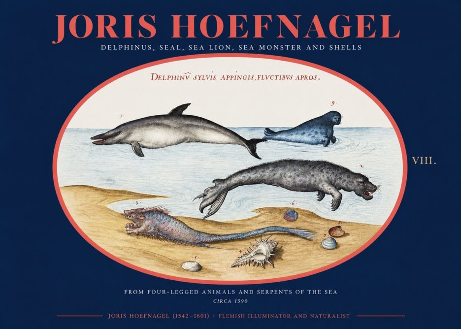 Joris Hoefnagel Delphinus, Seal, Sea Lion, Sea Monster and Shells No2 - Affiche